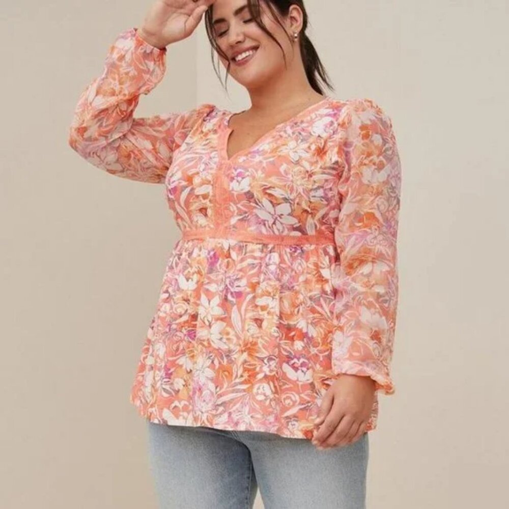 Torrid Babydoll Floral Top Coral | V-Neck Sheer Balloon Sleeve | Plus Size 2/2X